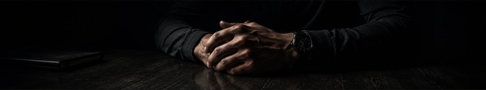 Disciplined man with hands resting on dark table — stillness and control